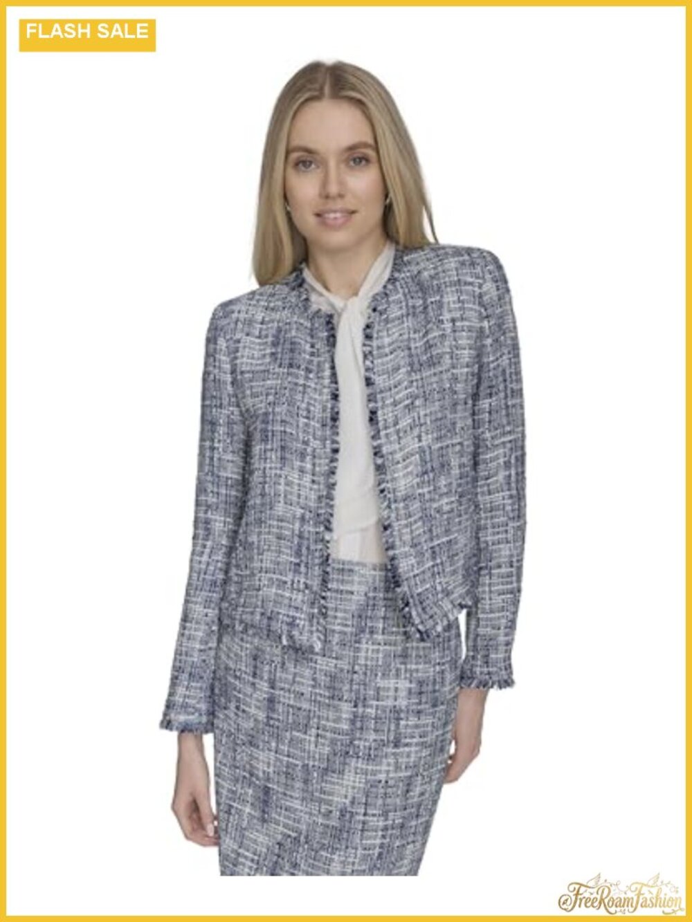 Open Front Tweed Suit Jacket Blazer Long Sleeve Notch Collar Button